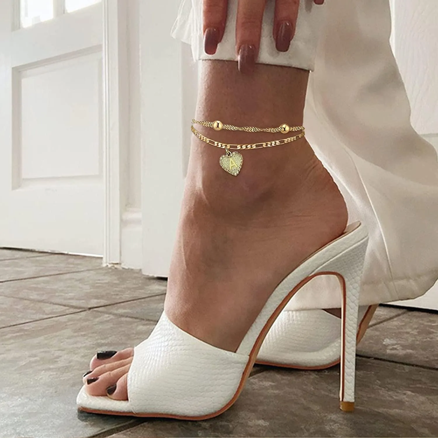 1PCS Heart Initial Ankle Bracelets for Women Gold 26 Letters Love Anklet Women's Foot Chain Heart-Shaped Double-Layer Anklet Bracelets for Women