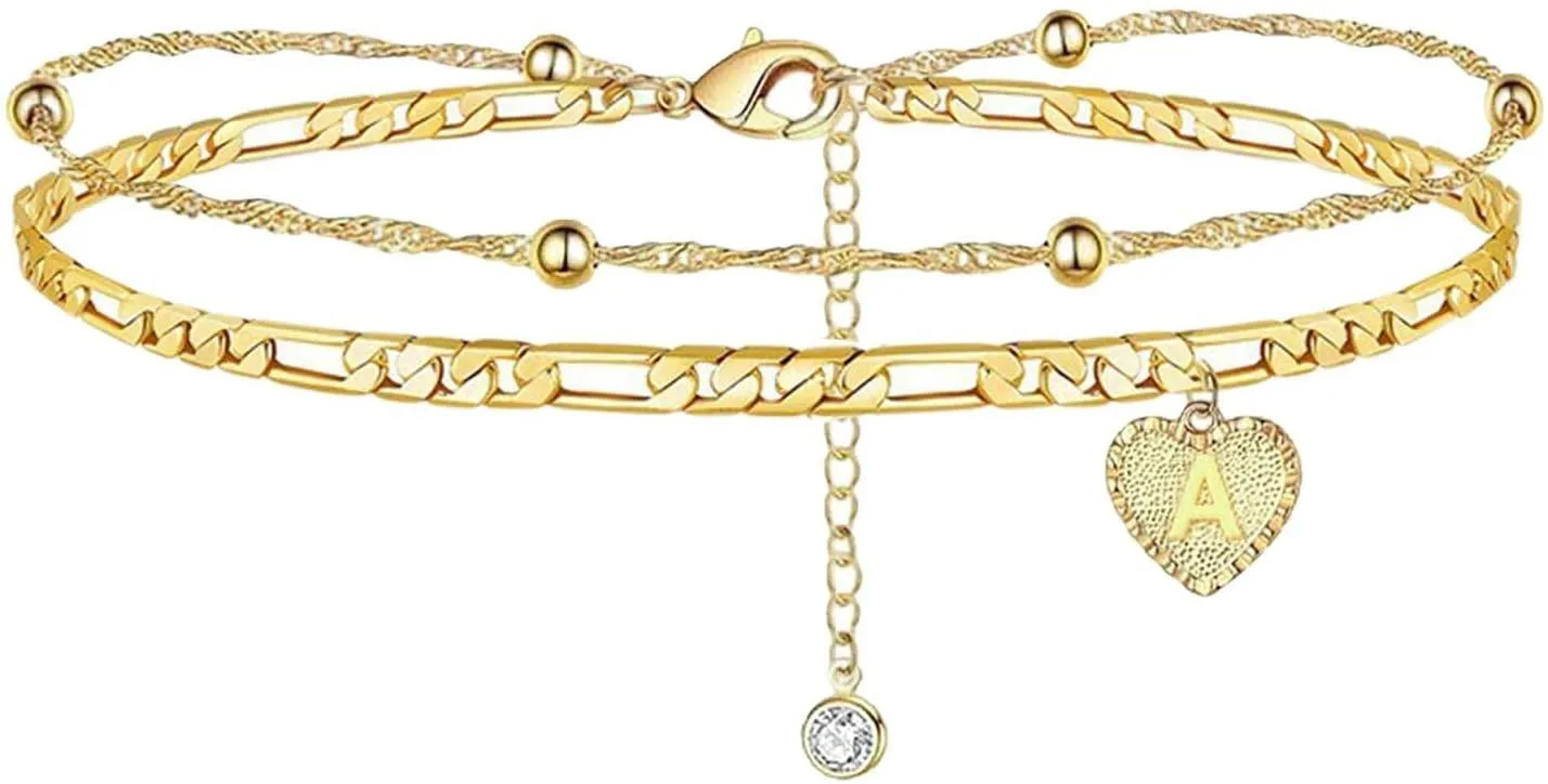 1PCS Heart Initial Ankle Bracelets for Women Gold 26 Letters Love Anklet Women's Foot Chain Heart-Shaped Double-Layer Anklet Bracelets for Women