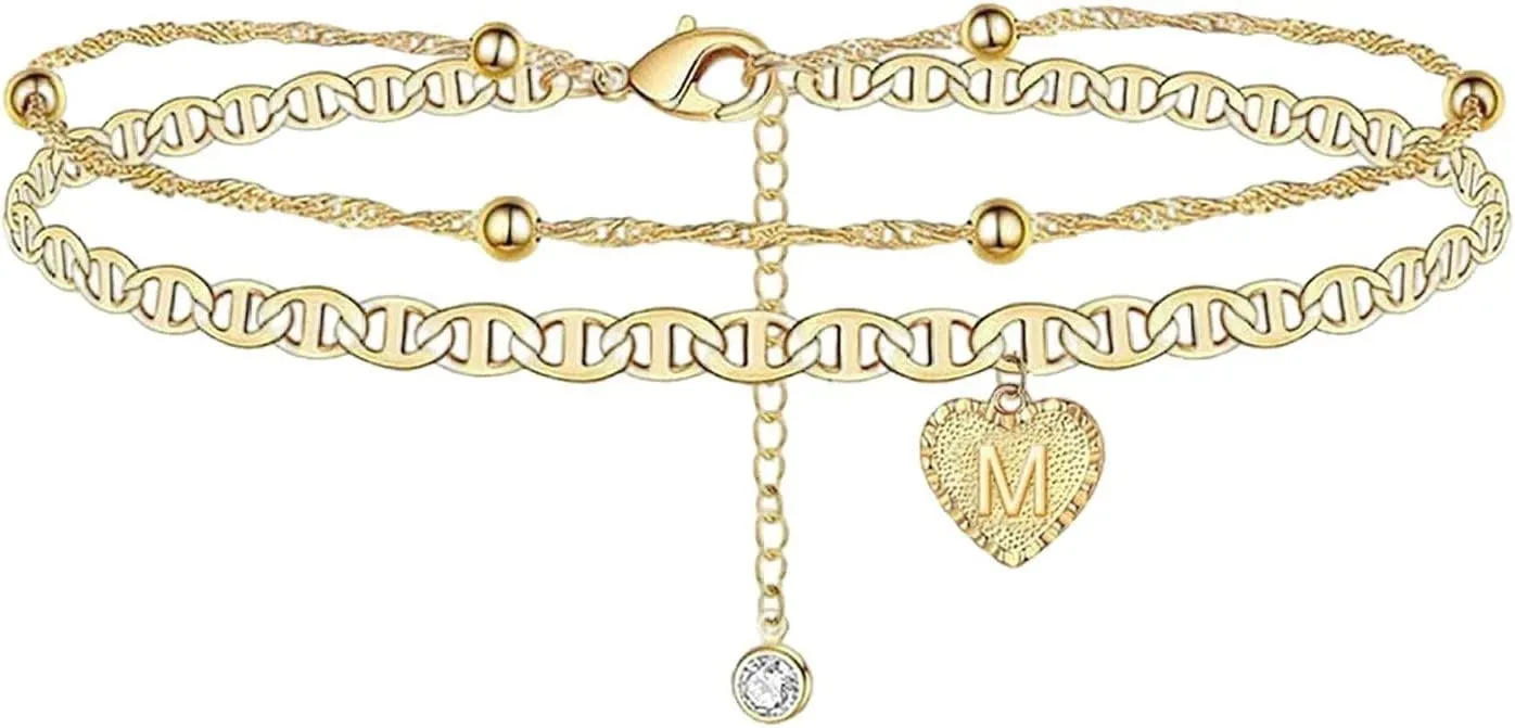 1PCS Heart Initial Ankle Bracelets for Women Gold 26 Letters Love Anklet Women's Foot Chain Heart-Shaped Double-Layer Anklet Bracelets for Women