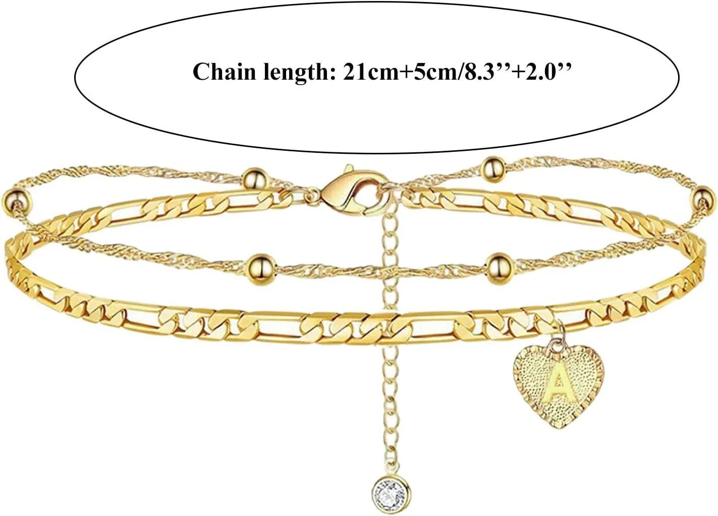 1PCS Heart Initial Ankle Bracelets for Women Gold 26 Letters Love Anklet Women's Foot Chain Heart-Shaped Double-Layer Anklet Bracelets for Women
