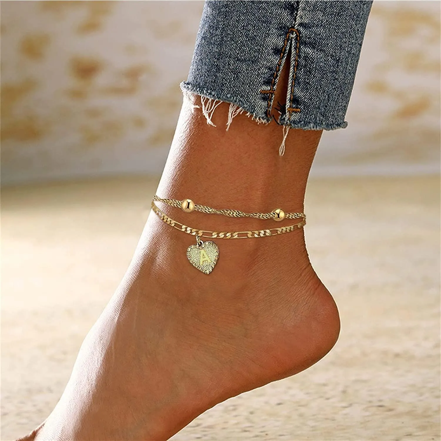 1PCS Heart Initial Ankle Bracelets for Women Gold 26 Letters Love Anklet Women's Foot Chain Heart-Shaped Double-Layer Anklet Bracelets for Women