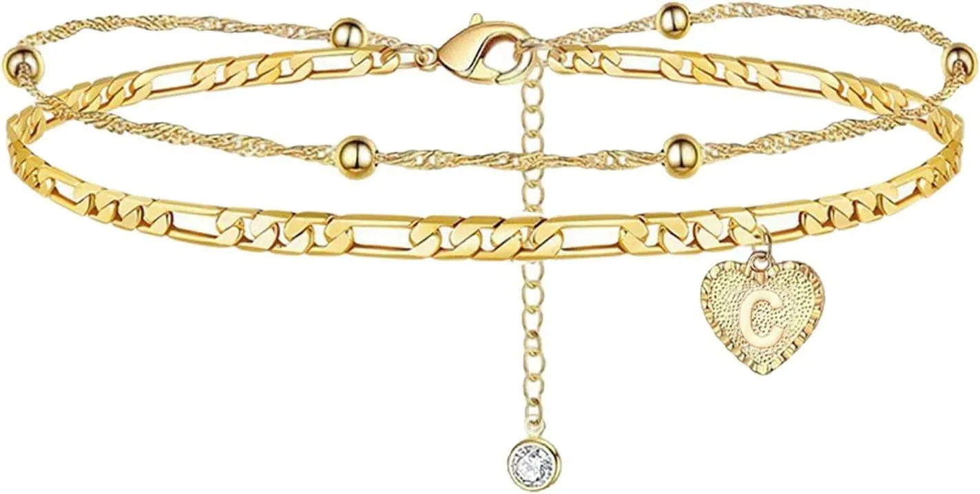 1PCS Heart Initial Ankle Bracelets for Women Gold 26 Letters Love Anklet Women's Foot Chain Heart-Shaped Double-Layer Anklet Bracelets for Women