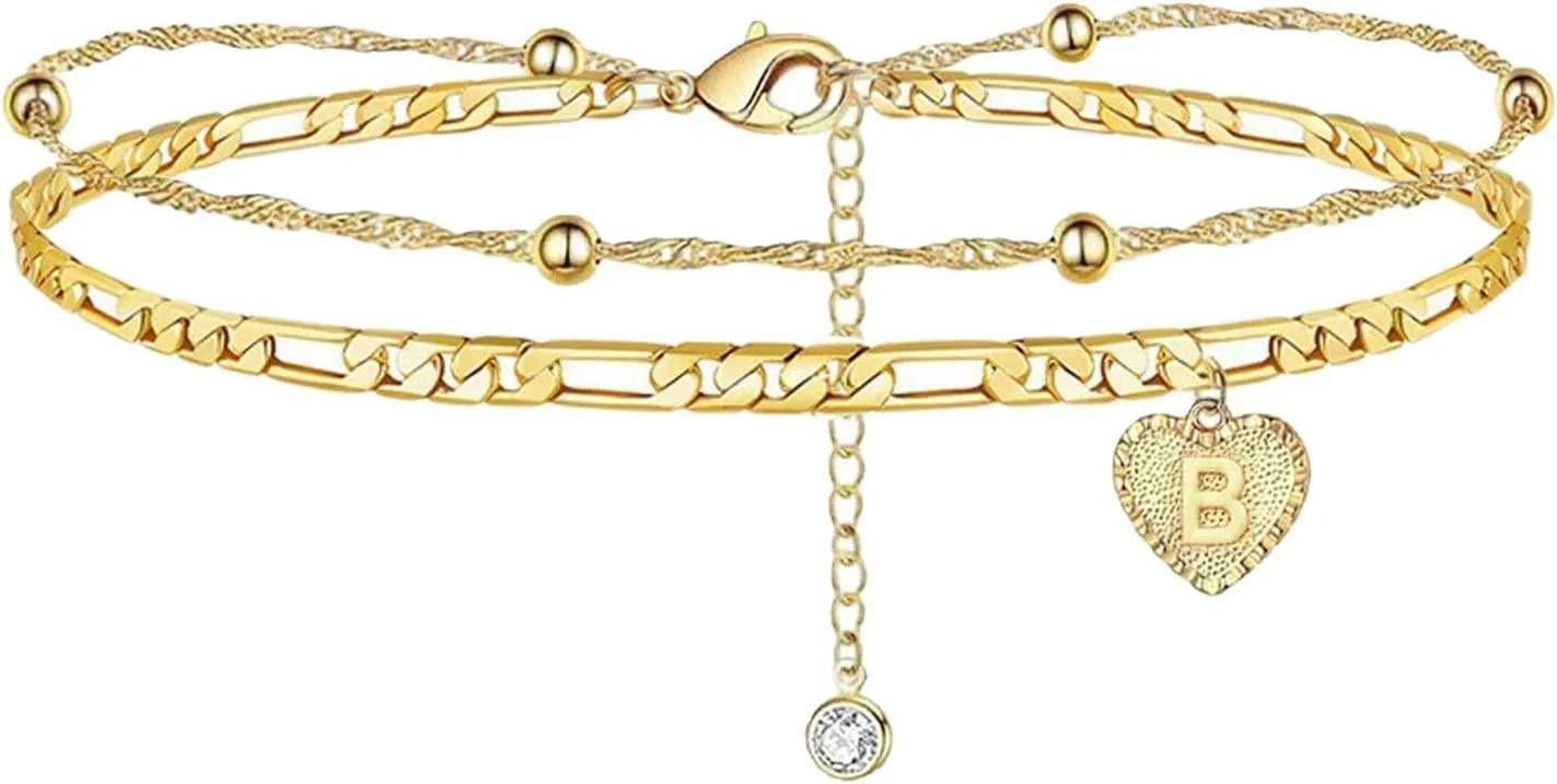 1PCS Heart Initial Ankle Bracelets for Women Gold 26 Letters Love Anklet Women's Foot Chain Heart-Shaped Double-Layer Anklet Bracelets for Women