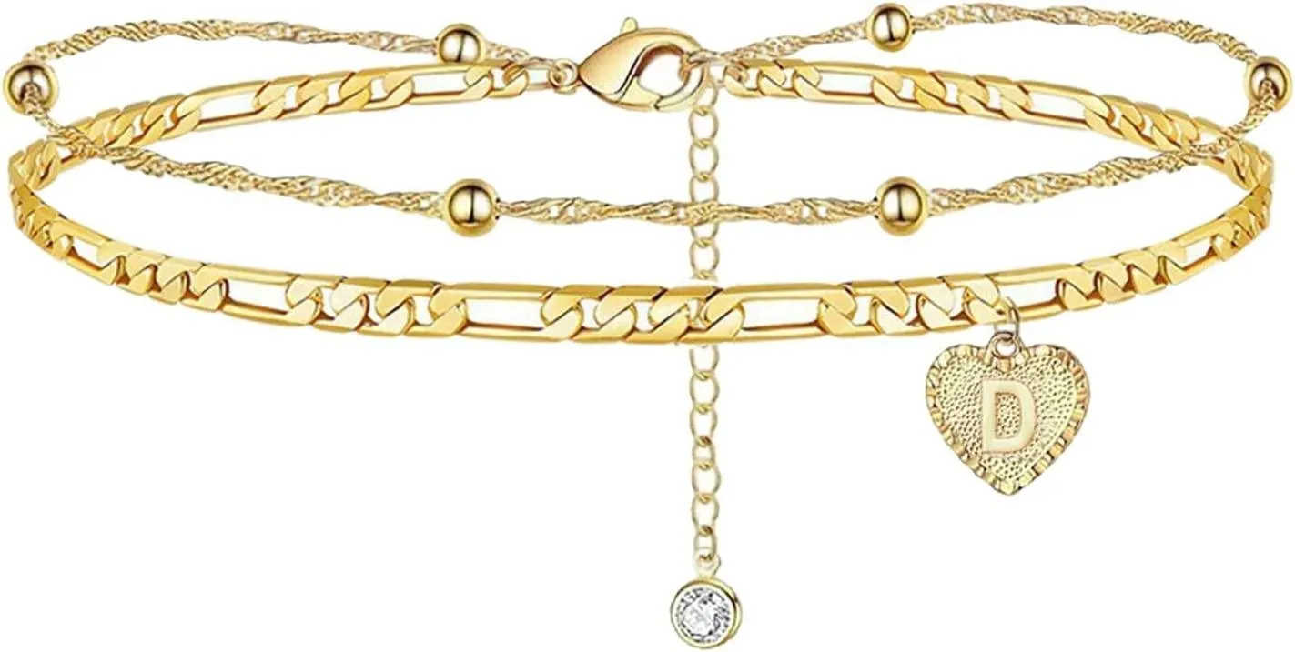 1PCS Heart Initial Ankle Bracelets for Women Gold 26 Letters Love Anklet Women's Foot Chain Heart-Shaped Double-Layer Anklet Bracelets for Women