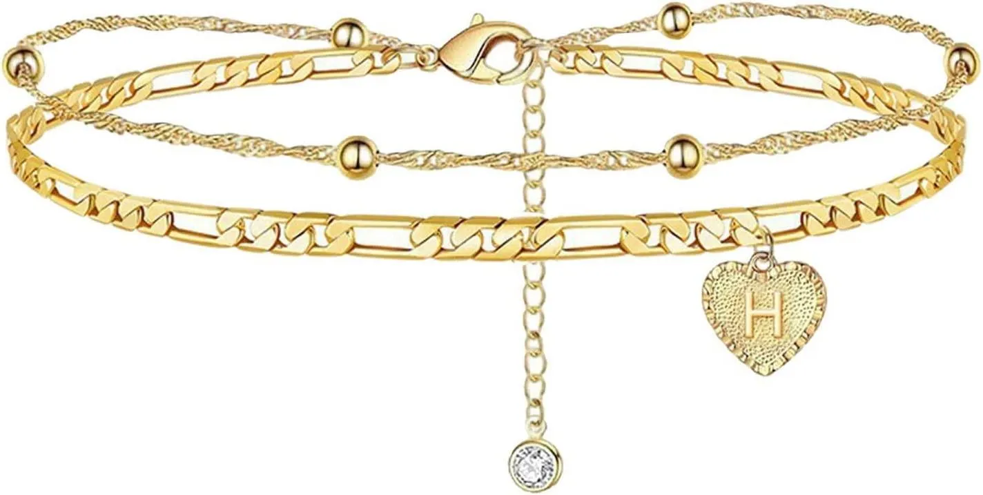 1PCS Heart Initial Ankle Bracelets for Women Gold 26 Letters Love Anklet Women's Foot Chain Heart-Shaped Double-Layer Anklet Bracelets for Women