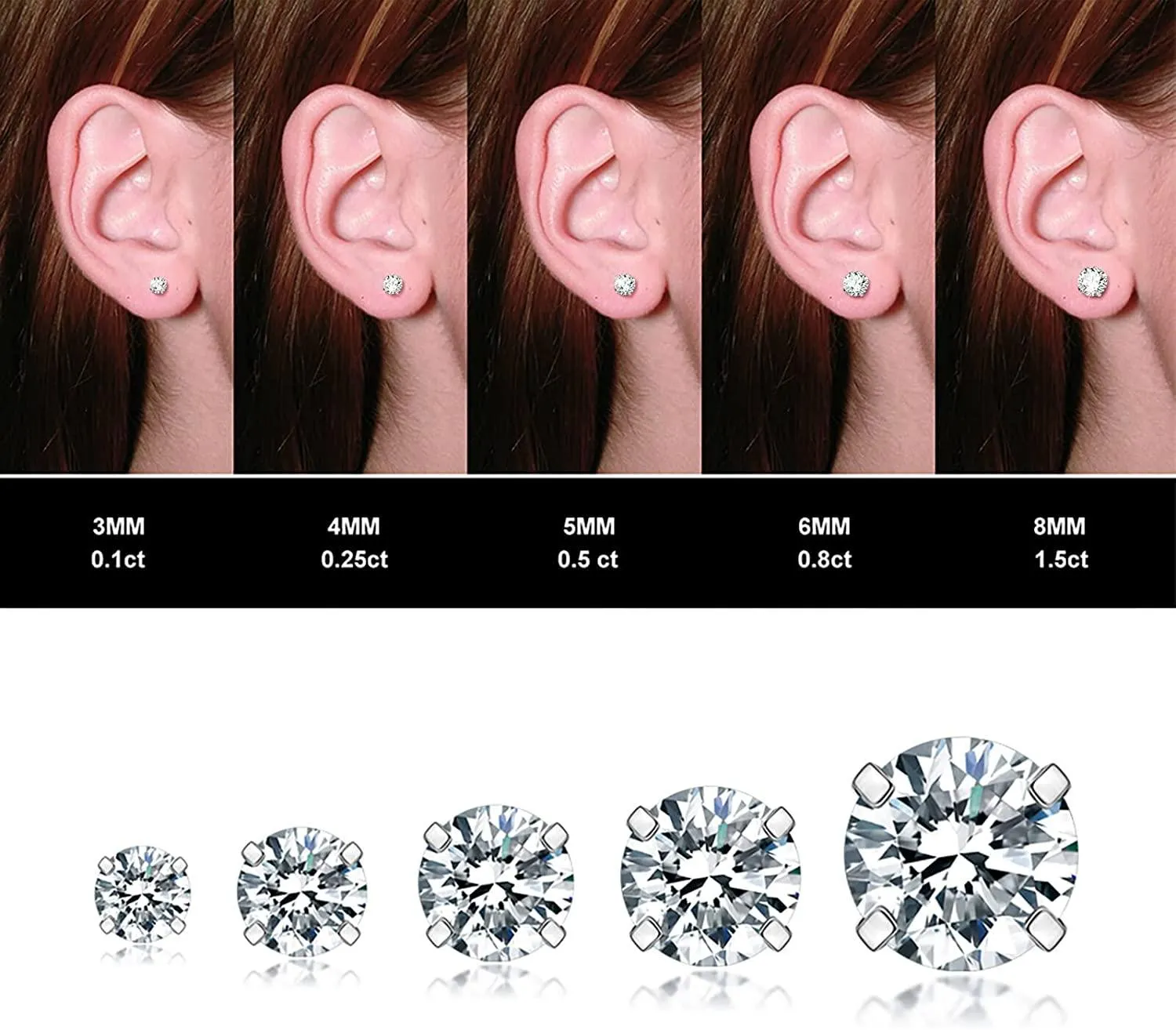 5 Pairs Stud Earrings Set, Hypoallergenic Cubic Zirconia 316L Earrings Stainless Steel CZ Earrings 3-8mm