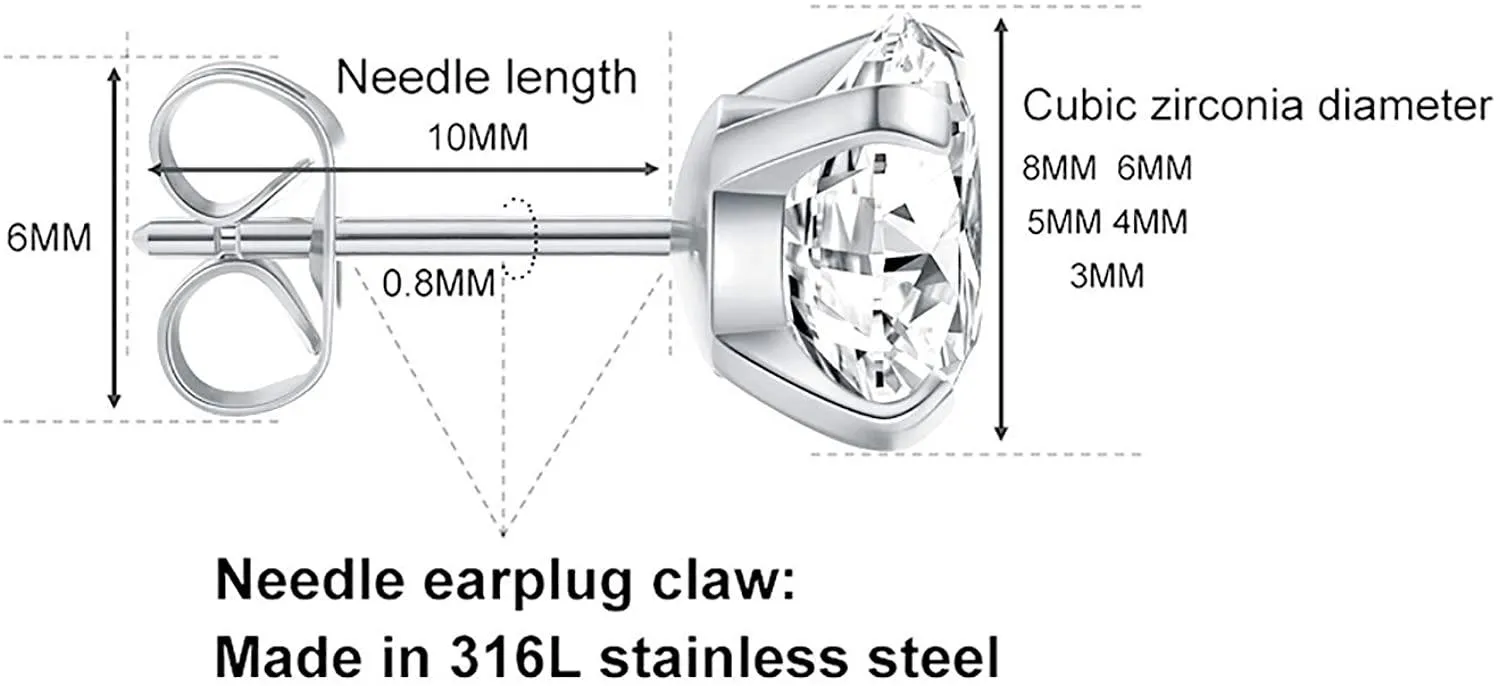 5 Pairs Stud Earrings Set, Hypoallergenic Cubic Zirconia 316L Earrings Stainless Steel CZ Earrings 3-8mm