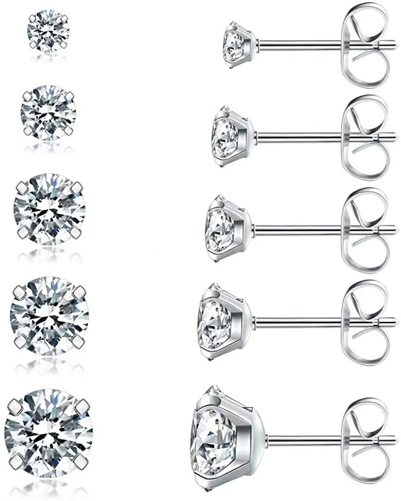5 Pairs Stud Earrings Set, Hypoallergenic Cubic Zirconia 316L Earrings Stainless Steel CZ Earrings 3-8mm