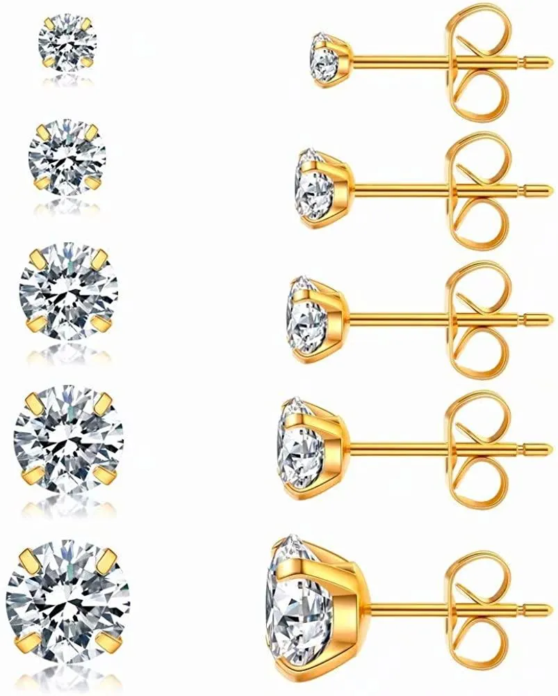 5 Pairs Stud Earrings Set, Hypoallergenic Cubic Zirconia 316L Earrings Stainless Steel CZ Earrings 3-8mm