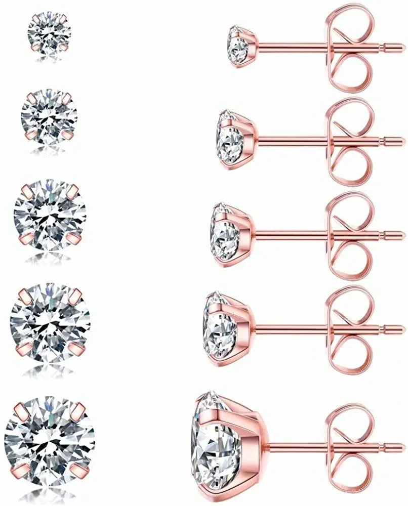 5 Pairs Stud Earrings Set, Hypoallergenic Cubic Zirconia 316L Earrings Stainless Steel CZ Earrings 3-8mm