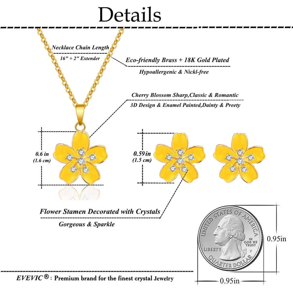 EVEVIC Cherry Blossom Flower Necklace Earrings Set for Women 18K Gold Plated Hypoallergenic Jewelry Sets (Black)