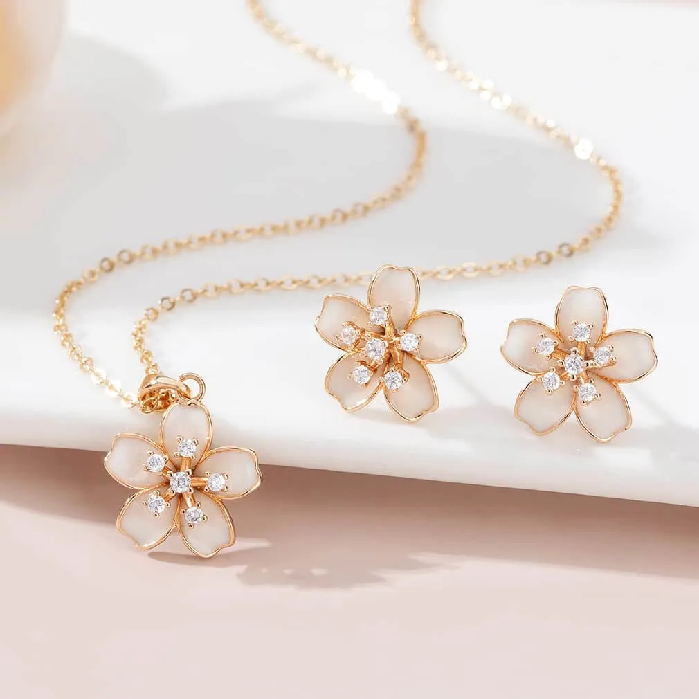 EVEVIC Cherry Blossom Flower Necklace Earrings Set for Women 18K Gold Plated Hypoallergenic Jewelry Sets (Black)