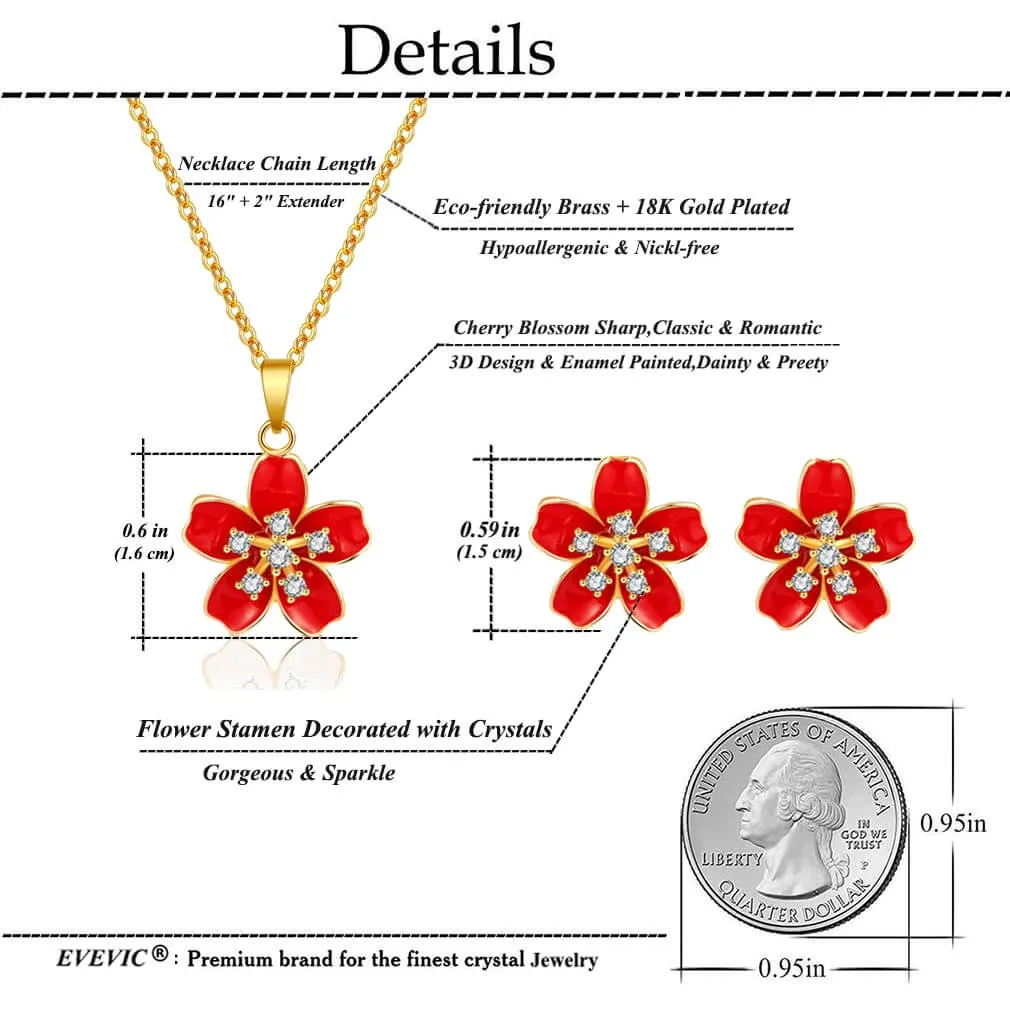 EVEVIC Cherry Blossom Flower Necklace Earrings Set for Women 18K Gold Plated Hypoallergenic Jewelry Sets (Black)