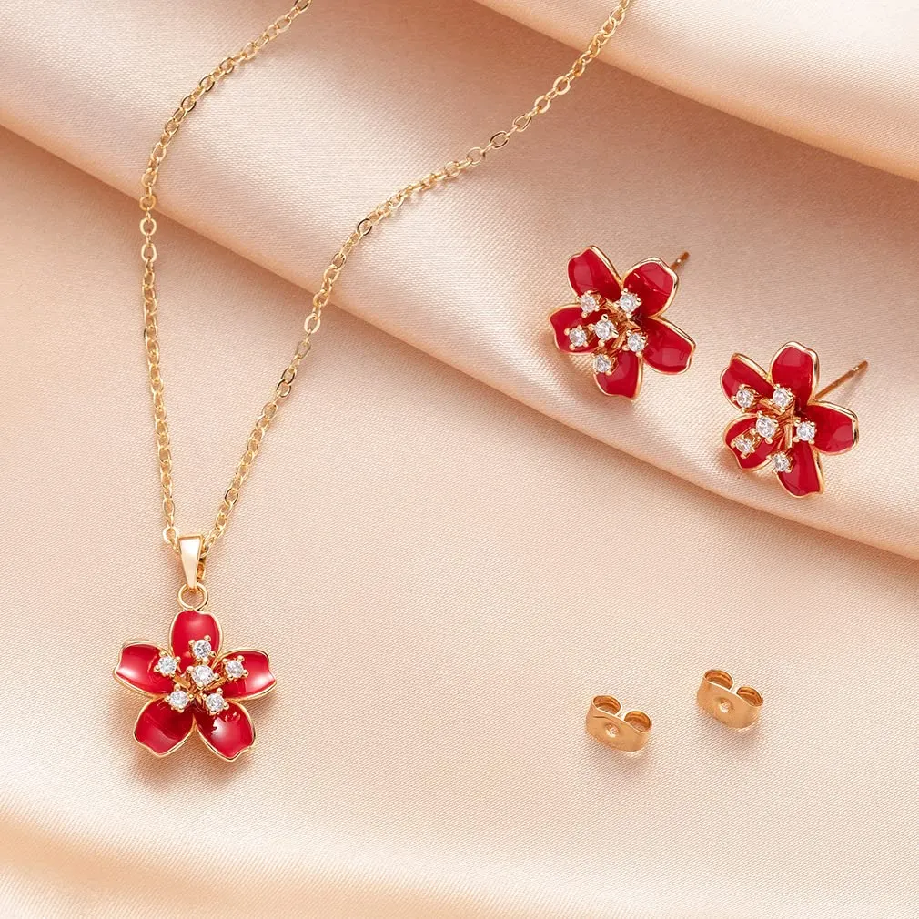 EVEVIC Cherry Blossom Flower Necklace Earrings Set for Women 18K Gold Plated Hypoallergenic Jewelry Sets (Black)