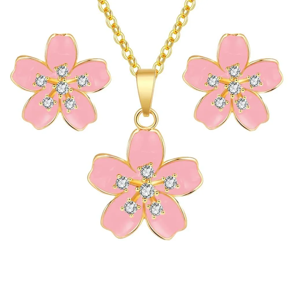 EVEVIC Cherry Blossom Flower Necklace Earrings Set for Women 18K Gold Plated Hypoallergenic Jewelry Sets (Black)