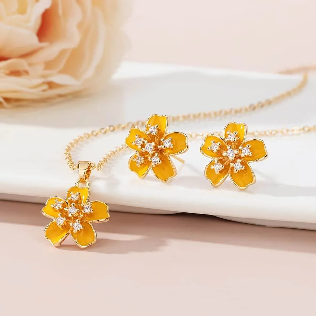 EVEVIC Cherry Blossom Flower Necklace Earrings Set for Women 18K Gold Plated Hypoallergenic Jewelry Sets (Black)