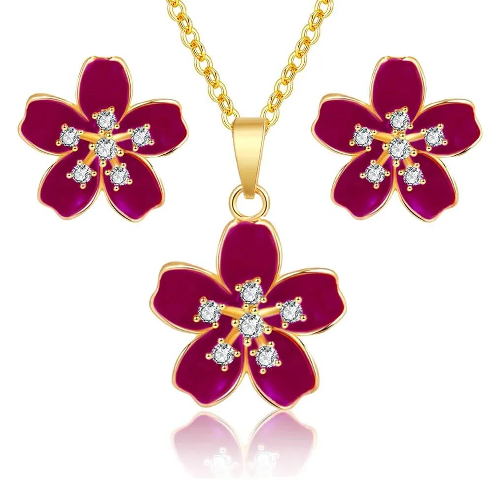 EVEVIC Cherry Blossom Flower Necklace Earrings Set for Women 18K Gold Plated Hypoallergenic Jewelry Sets (Black)