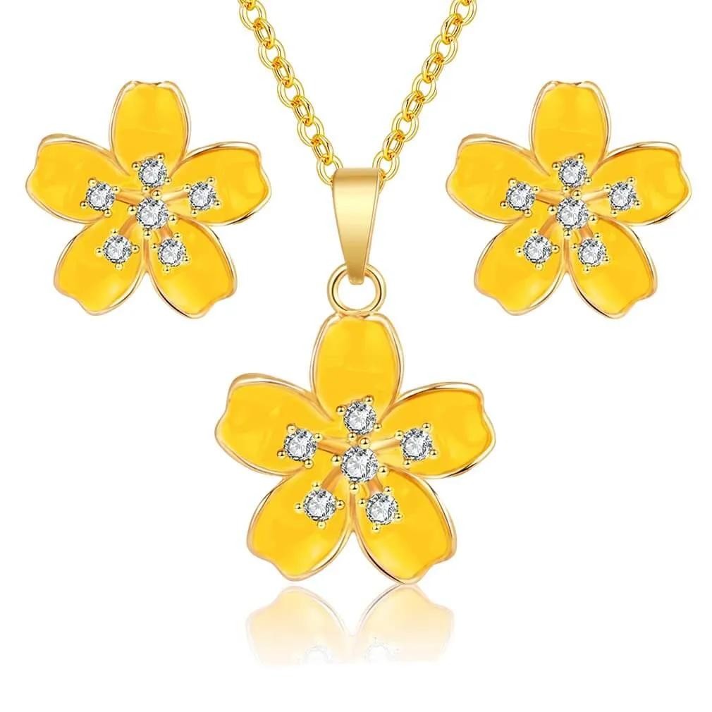 EVEVIC Cherry Blossom Flower Necklace Earrings Set for Women 18K Gold Plated Hypoallergenic Jewelry Sets (Black)