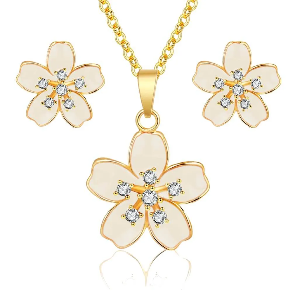 EVEVIC Cherry Blossom Flower Necklace Earrings Set for Women 18K Gold Plated Hypoallergenic Jewelry Sets (Black)