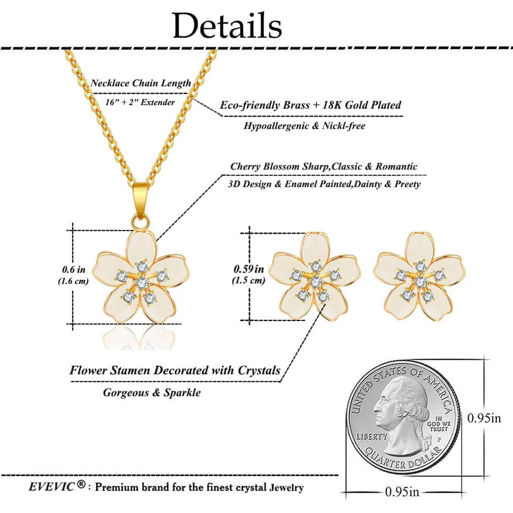 EVEVIC Cherry Blossom Flower Necklace Earrings Set for Women 18K Gold Plated Hypoallergenic Jewelry Sets (Black)