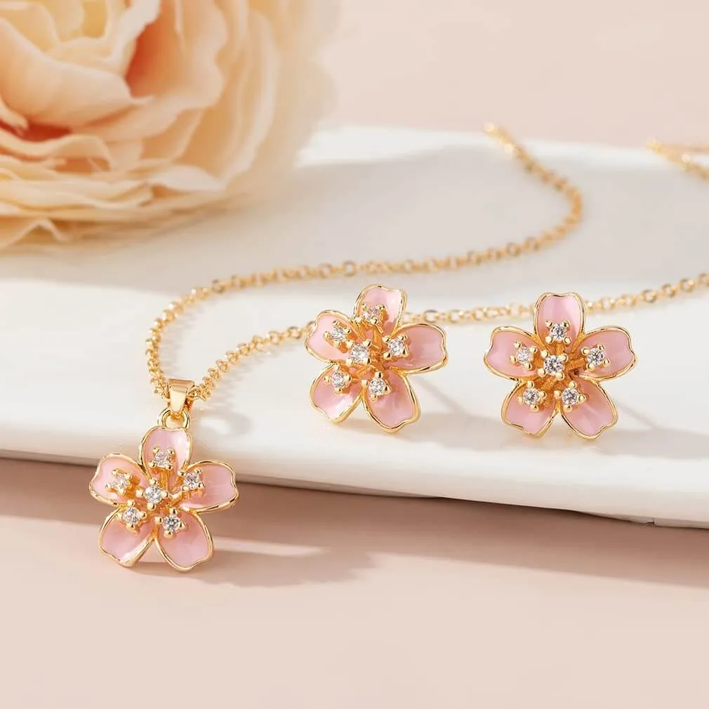 EVEVIC Cherry Blossom Flower Necklace Earrings Set for Women 18K Gold Plated Hypoallergenic Jewelry Sets (Black)