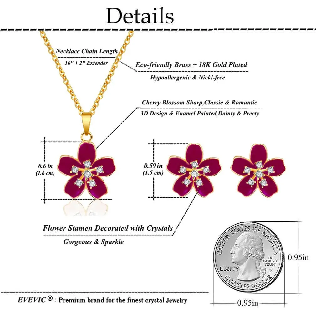 EVEVIC Cherry Blossom Flower Necklace Earrings Set for Women 18K Gold Plated Hypoallergenic Jewelry Sets (Black)