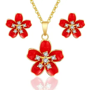 EVEVIC Cherry Blossom Flower Necklace Earrings Set for Women 18K Gold Plated Hypoallergenic Jewelry Sets (Black)