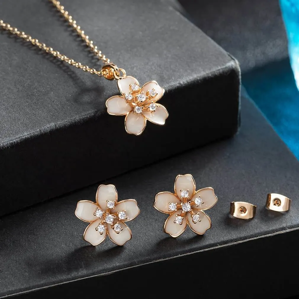 EVEVIC Cherry Blossom Flower Necklace Earrings Set for Women 18K Gold Plated Hypoallergenic Jewelry Sets (Black)