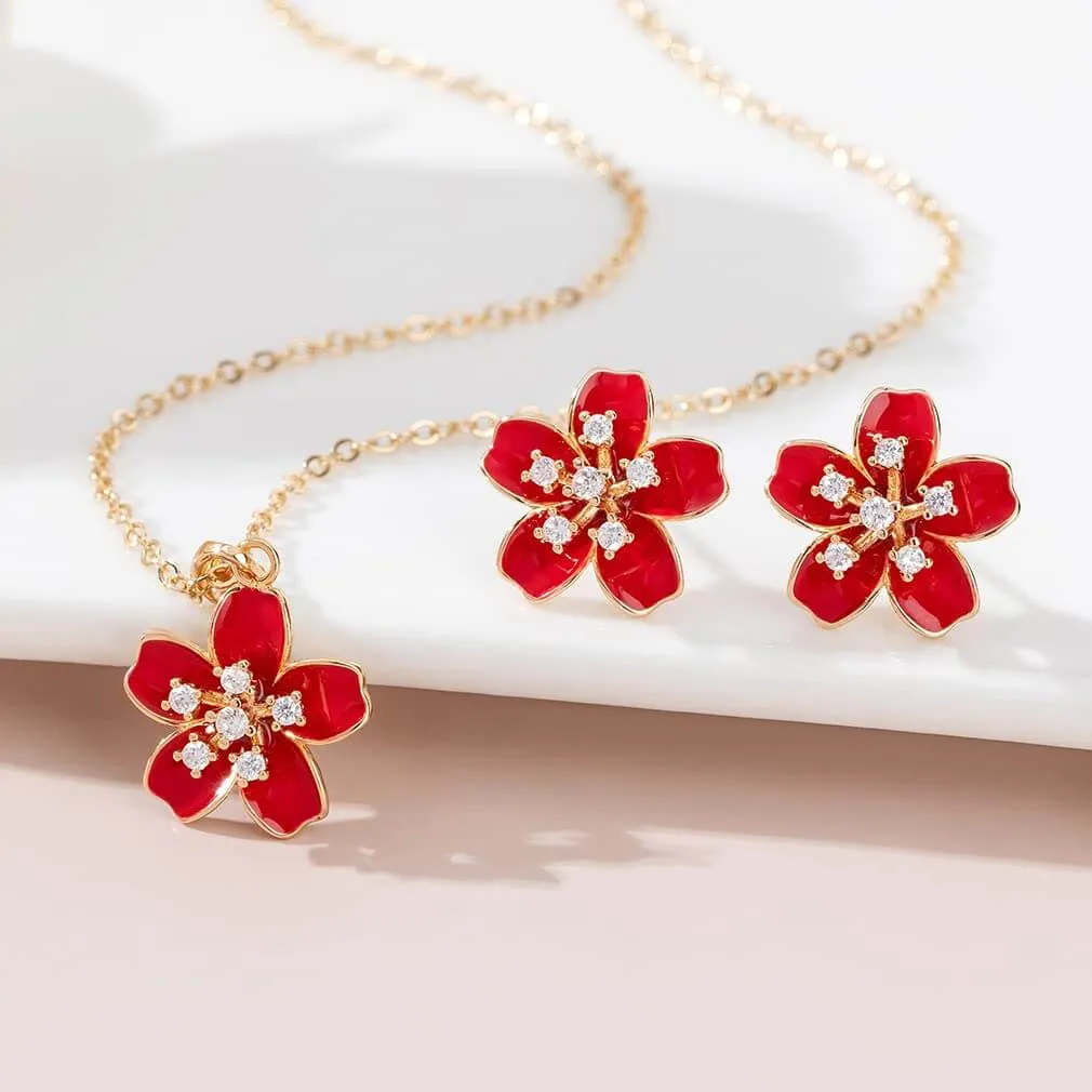 EVEVIC Cherry Blossom Flower Necklace Earrings Set for Women 18K Gold Plated Hypoallergenic Jewelry Sets (Black)