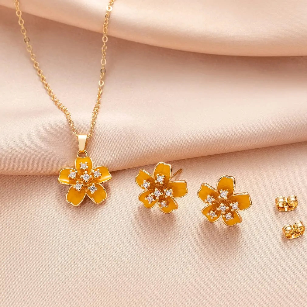 EVEVIC Cherry Blossom Flower Necklace Earrings Set for Women 18K Gold Plated Hypoallergenic Jewelry Sets (Black)