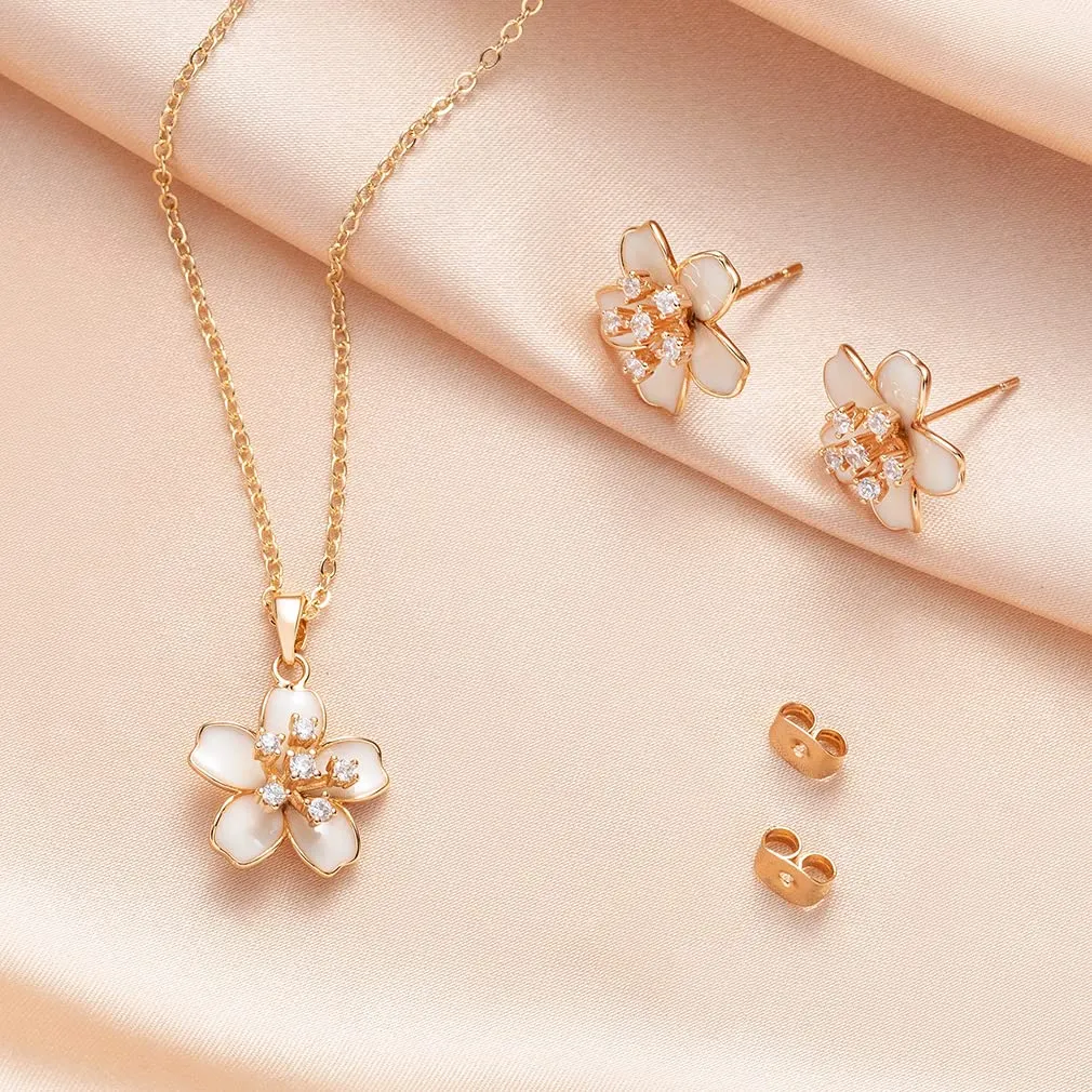 EVEVIC Cherry Blossom Flower Necklace Earrings Set for Women 18K Gold Plated Hypoallergenic Jewelry Sets (Black)