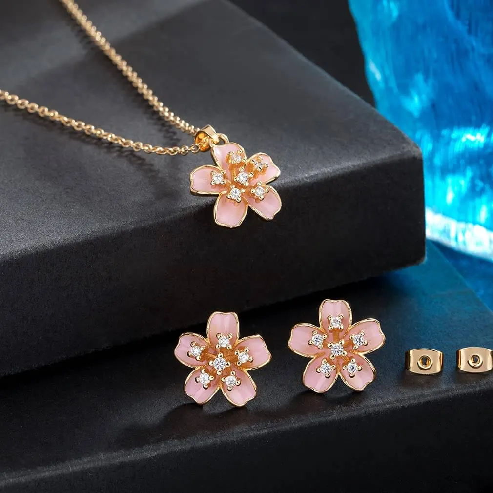 EVEVIC Cherry Blossom Flower Necklace Earrings Set for Women 18K Gold Plated Hypoallergenic Jewelry Sets (Black)