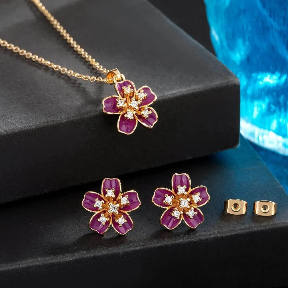EVEVIC Cherry Blossom Flower Necklace Earrings Set for Women 18K Gold Plated Hypoallergenic Jewelry Sets (Black)