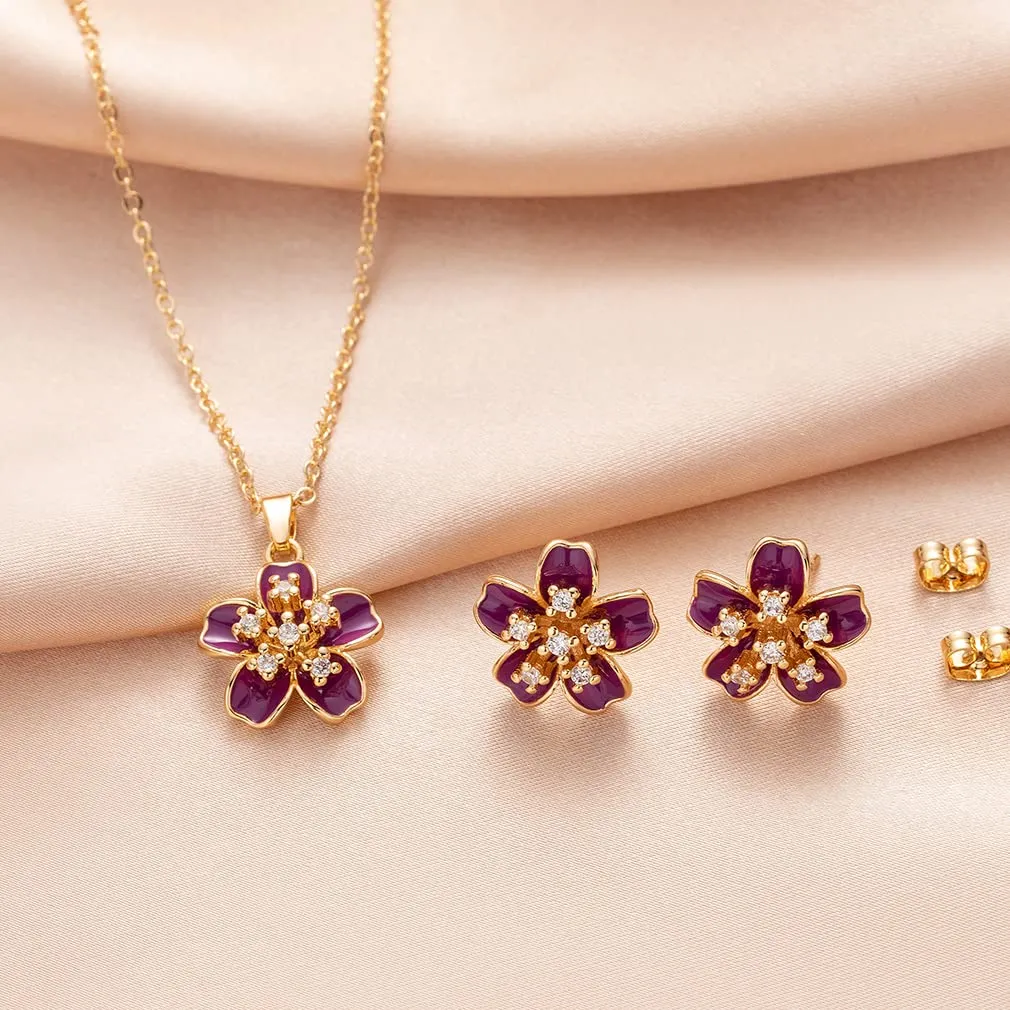 EVEVIC Cherry Blossom Flower Necklace Earrings Set for Women 18K Gold Plated Hypoallergenic Jewelry Sets (Black)