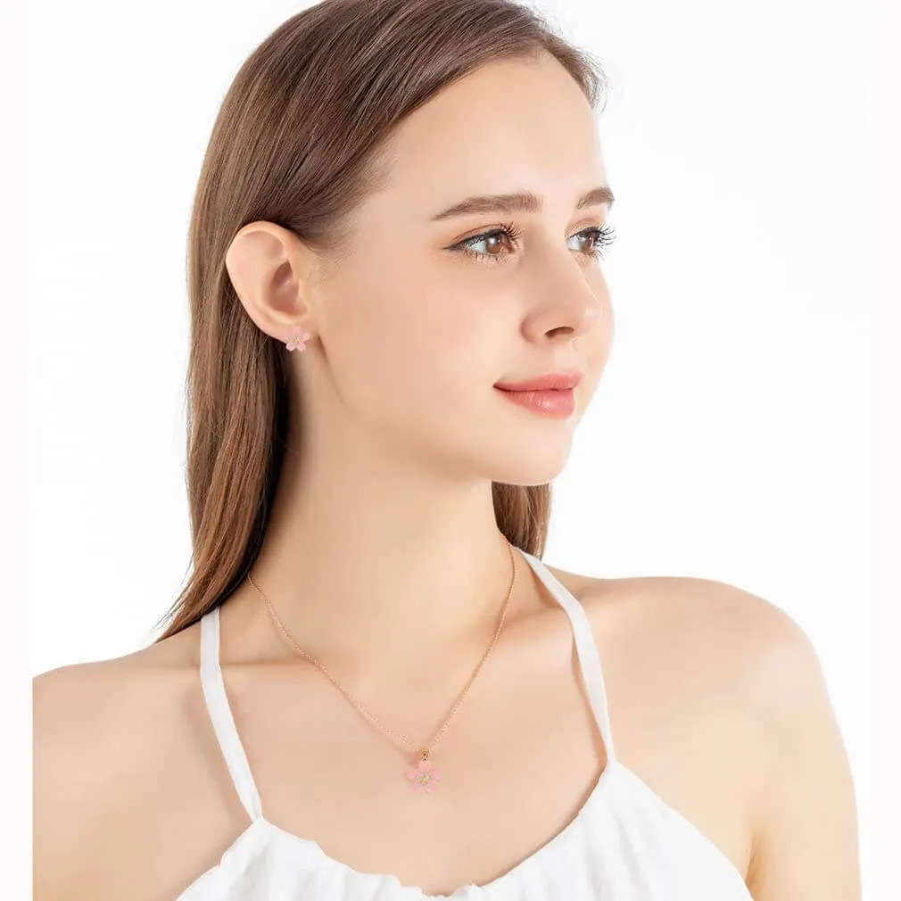 EVEVIC Cherry Blossom Flower Necklace Earrings Set for Women 18K Gold Plated Hypoallergenic Jewelry Sets (Black)