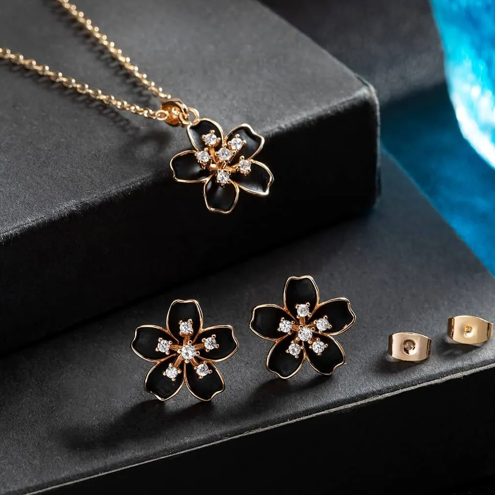 EVEVIC Cherry Blossom Flower Necklace Earrings Set for Women 18K Gold Plated Hypoallergenic Jewelry Sets (Black)