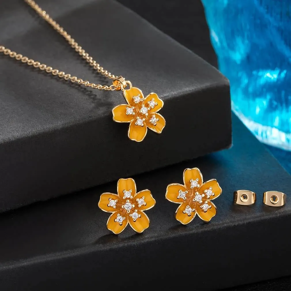 EVEVIC Cherry Blossom Flower Necklace Earrings Set for Women 18K Gold Plated Hypoallergenic Jewelry Sets (Black)