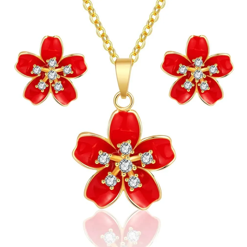 EVEVIC Cherry Blossom Flower Necklace Earrings Set for Women 18K Gold Plated Hypoallergenic Jewelry Sets (Black)
