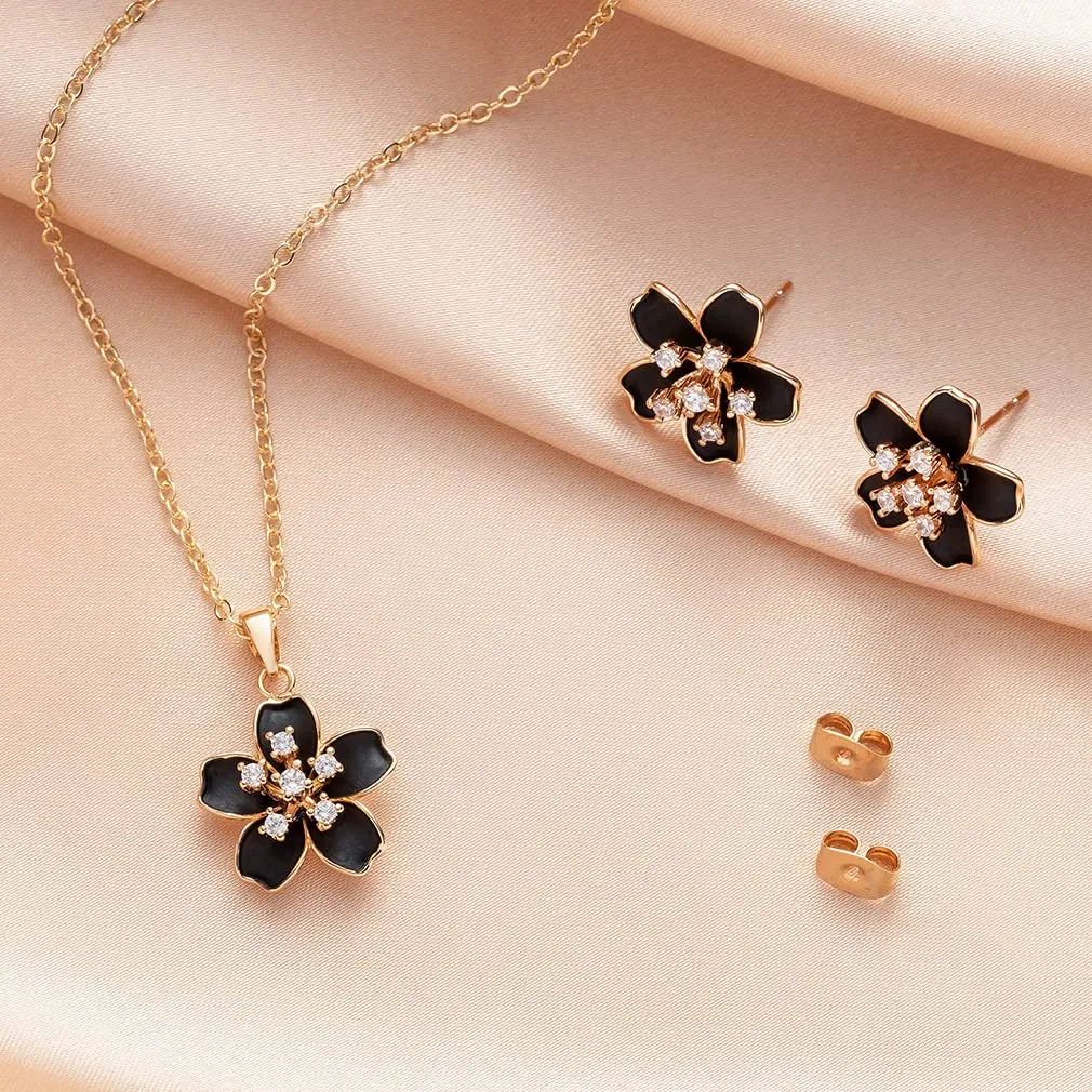 EVEVIC Cherry Blossom Flower Necklace Earrings Set for Women 18K Gold Plated Hypoallergenic Jewelry Sets (Black)