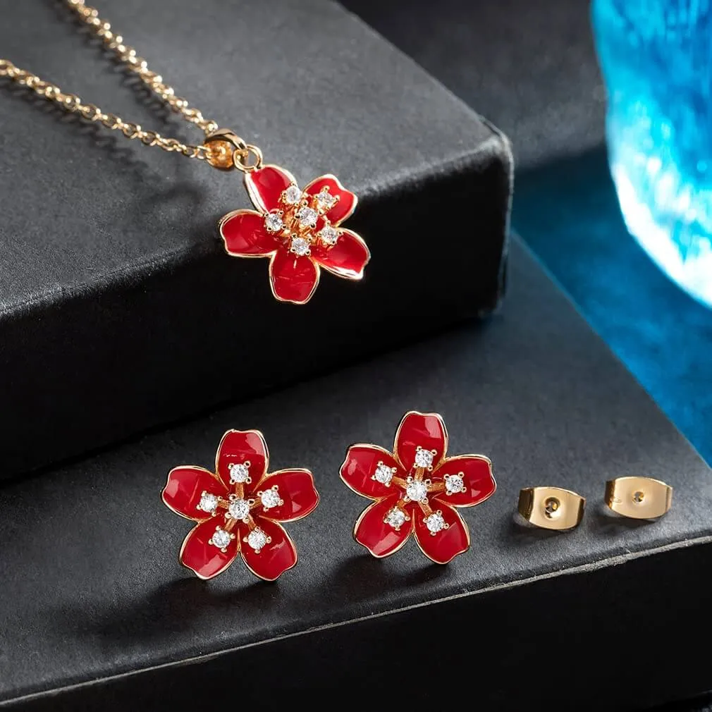 EVEVIC Cherry Blossom Flower Necklace Earrings Set for Women 18K Gold Plated Hypoallergenic Jewelry Sets (Black)