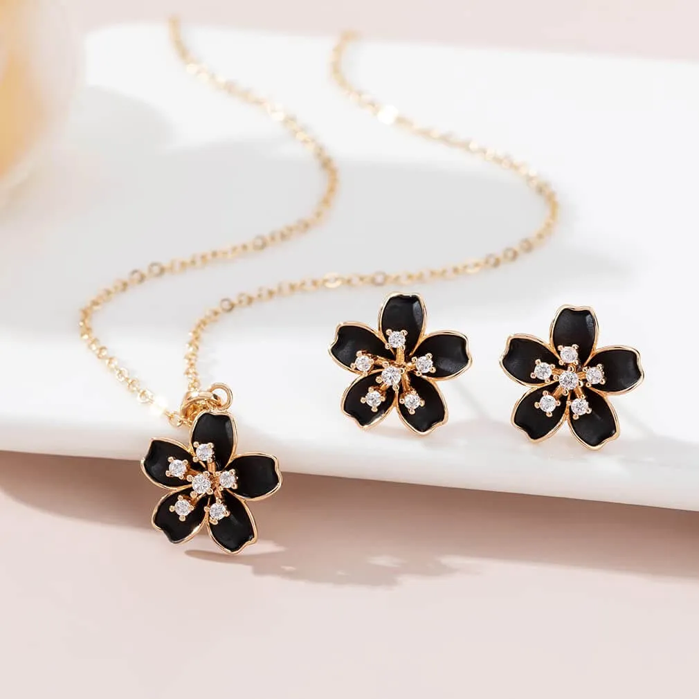 EVEVIC Cherry Blossom Flower Necklace Earrings Set for Women 18K Gold Plated Hypoallergenic Jewelry Sets (Black)