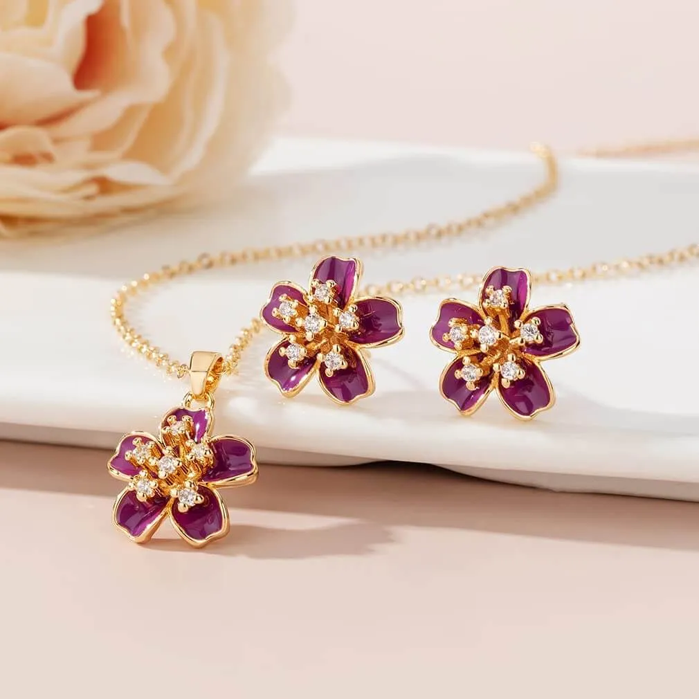 EVEVIC Cherry Blossom Flower Necklace Earrings Set for Women 18K Gold Plated Hypoallergenic Jewelry Sets (Black)