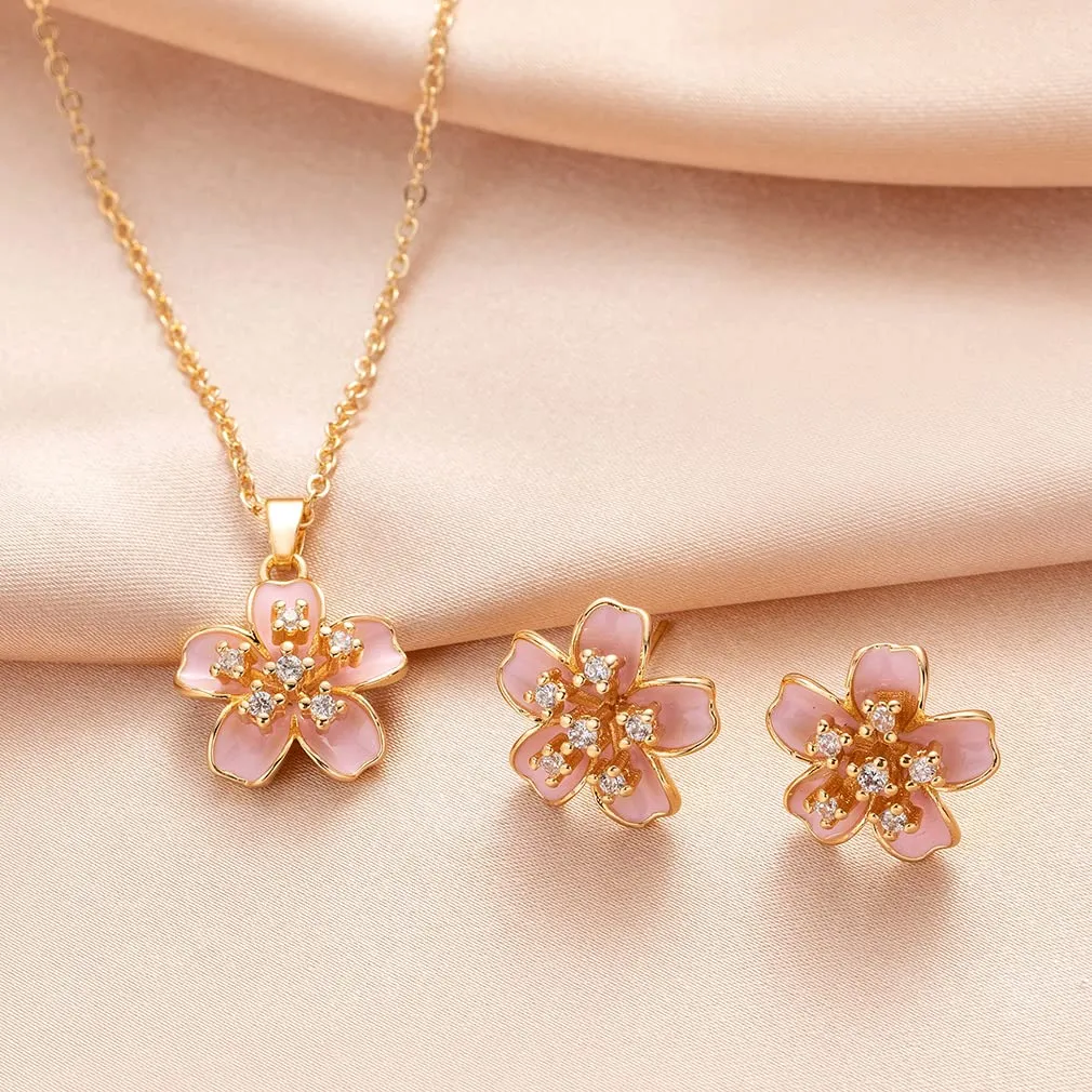 EVEVIC Cherry Blossom Flower Necklace Earrings Set for Women 18K Gold Plated Hypoallergenic Jewelry Sets (Black)