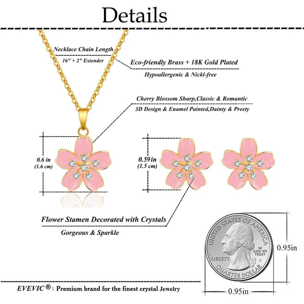 EVEVIC Cherry Blossom Flower Necklace Earrings Set for Women 18K Gold Plated Hypoallergenic Jewelry Sets (Black)