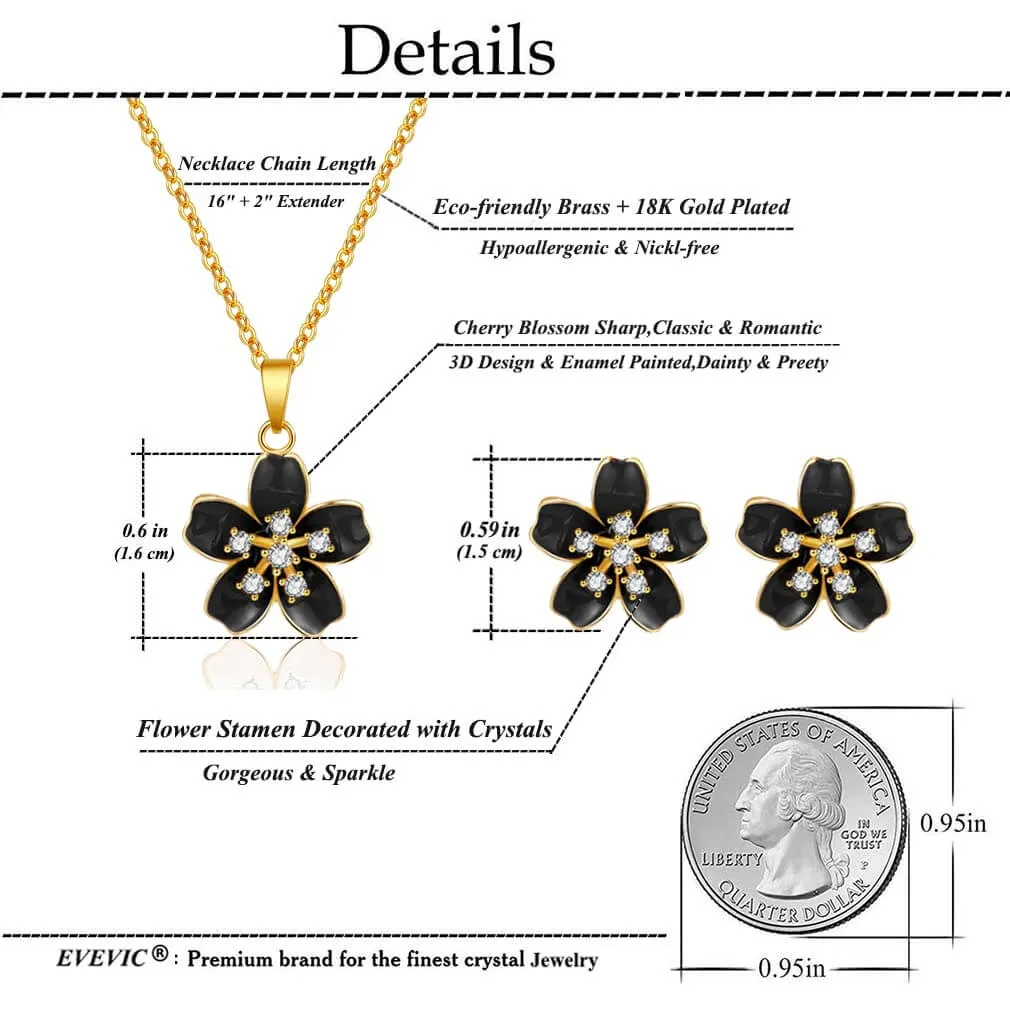 EVEVIC Cherry Blossom Flower Necklace Earrings Set for Women 18K Gold Plated Hypoallergenic Jewelry Sets (Black)