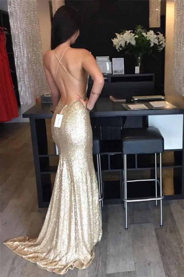 Golden Halter Deep V-Neck Open Back Prom Dress with Sweep Train, MP382