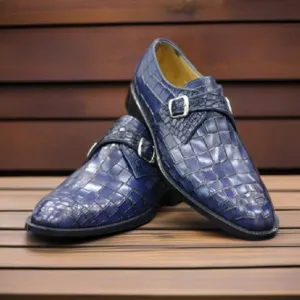 Handmade Genuine Alligator Embossed Leather Monk Strap Shoes Gift for Men