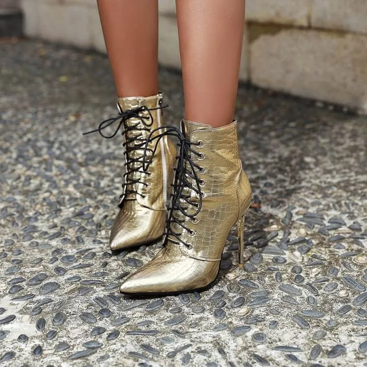 Leather Lace Up Leopard Stripe Print Calf Boots