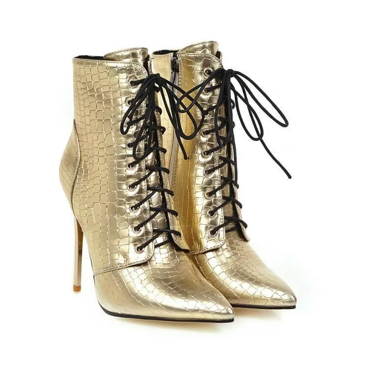 Leather Lace Up Leopard Stripe Print Calf Boots