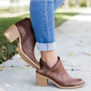 Leather Pointed Toe Chunky Heel Ankle Boots